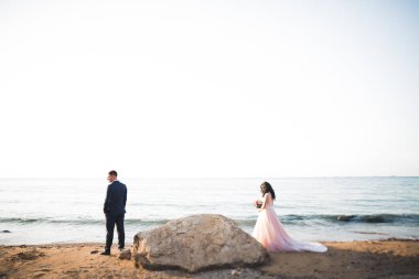 Güzel bir sahilde poz veren genç bir çiftin mutlu ve romantik sahnesi.