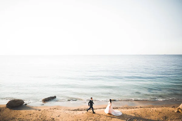 Élégant couple de mariage heureux élégant, mariée, marié magnifique sur le fond de la mer et le ciel — Photo