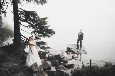 Öpüşen düğün çifti güzel manzarada kalıyor.