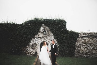 Muhteşem düğün çifti eski şehirde yürüyor.