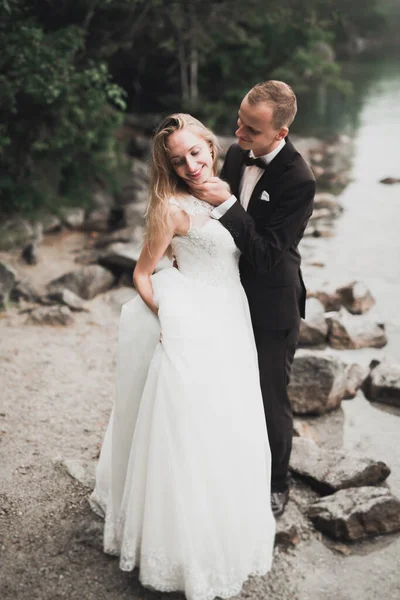 Besos boda pareja estancia sobre hermoso paisaje —  Fotos de Stock