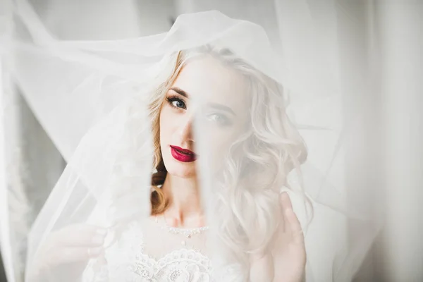 Bela noiva vestindo vestido de noiva de moda com penas com deleite de luxo maquiagem e penteado, estúdio sessão de fotos indoor — Fotografia de Stock