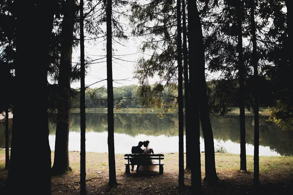 Hermosa boda romántica pareja de recién casados abrazándose en el parque — Foto de Stock