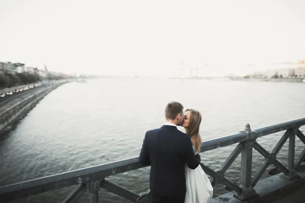 Молода весільна пара, красива наречена з портретом нареченого на мосту, літня природа на відкритому повітрі — стокове фото