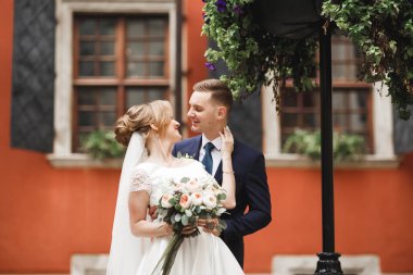 Lüks evli çift, gelin ve damat eski şehirde poz veriyor.