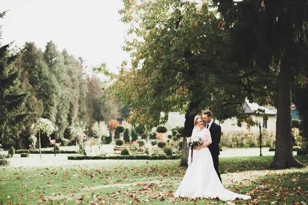 Couple élégant de jeunes mariés heureux marchant dans le parc le jour de leur mariage avec bouquet — Photo