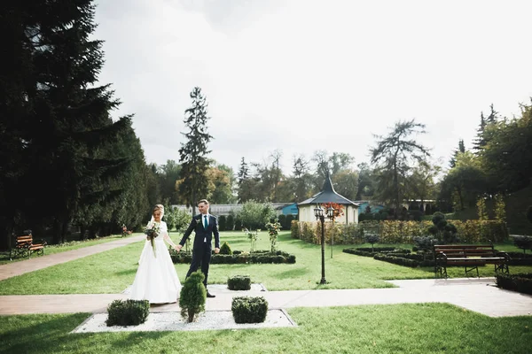 Pareja feliz boda caminando en un parque botánico —  Fotos de Stock