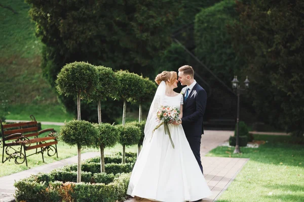 Pareja feliz boda caminando en un parque botánico —  Fotos de Stock