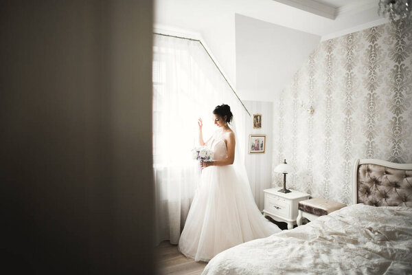 Gorgeous bride in robe posing and preparing for the wedding ceremony face in a room