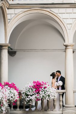 Doğadaki düğün çifti birbirine sarılıyor. Beyaz elbiseli güzel bir kız. Takım elbiseli adam