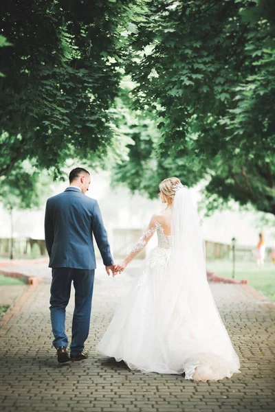 Momento romantico di nozze, coppia di sposi che sorridono ritratto, sposa e sposo che si abbracciano — Foto Stock