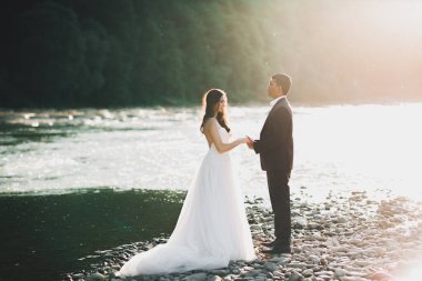 Düğün günü el ele tutuşan çift, damat ve gelin.