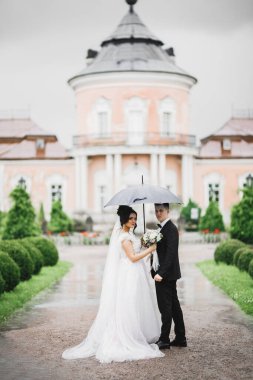 Güzel, genç bir çift, yağmur yağarken ellerinde çiçek demeti ile poz veriyorlar.