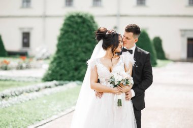 Romantik düğün anı, yeni evli çiftin gülümseyen portresi, gelin ve damadın kucaklaşması