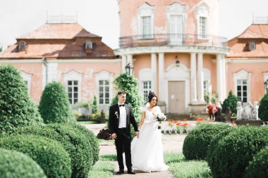 Güzel gelin ve damat evlendikleri gün kucaklaşıp öpüşüyorlar.