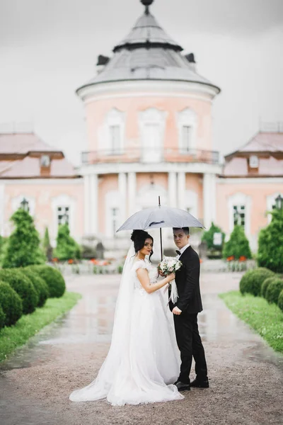 Hermosa joven pareja de boda posando con ramo de flores en las manos bajo el paraguas mientras llueve —  Fotos de Stock