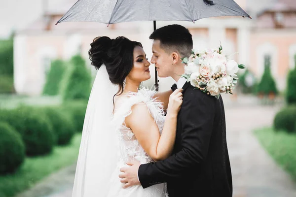 Romântico, conto de fadas, feliz casal recém-casado abraçando e beijando em um parque, árvores no fundo — Fotografia de Stock