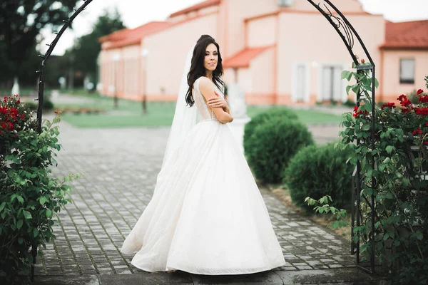 Retrato de belleza de la novia con vestido de novia de moda con plumas con maquillaje y peinado de lujo deleite — Foto de Stock