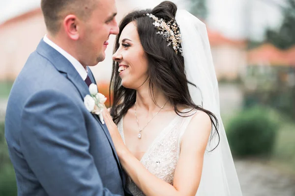 Romantik düğün anı, yeni evli çiftin gülümseyen portresi, gelin ve damadın kucaklaşması — Stok fotoğraf