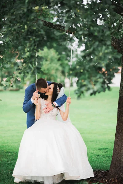 Romantik, peri masalı, mutlu yeni evli çift parkta sarılıp öpüşüyor, arka planda ağaçlar... — Stok fotoğraf