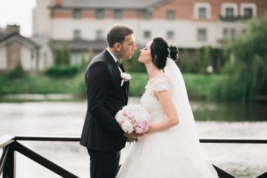 Güzel gelin ve damat evlendikleri gün kucaklaşıp öpüşüyorlar.