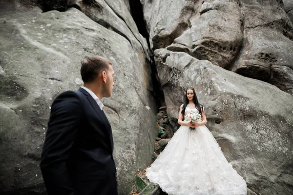 Bella sposa splendida in posa per lo sposo e divertirsi vicino a montagne con vista incredibile, spazio per il testo, coppia di nozze — Foto Stock