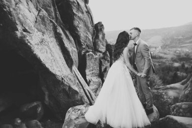 Güzel gelin ve damat evlendikleri gün kucaklaşıp öpüşüyorlar.