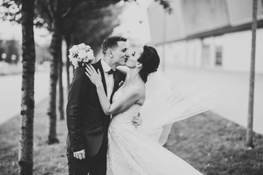 Güzel gelin ve damat evlendikleri gün kucaklaşıp öpüşüyorlar.