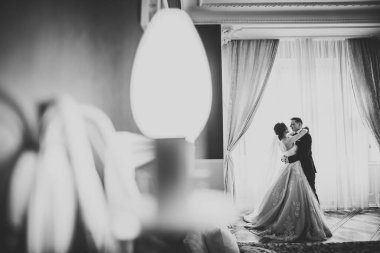 Romantik düğün anı, yeni evli çiftin gülümseyen portresi, gelin ve damadın kucaklaşması