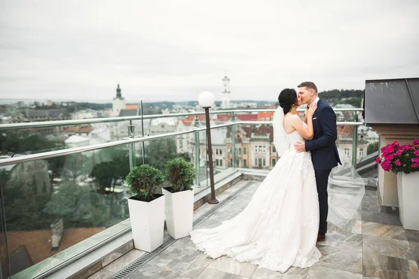 Bela noiva e noivo abraçando e beijando em seu dia de casamento ao ar livre — Fotografia de Stock