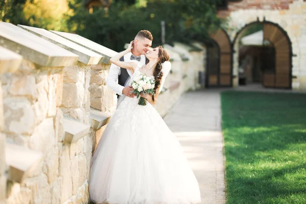 La pareja de boda en la naturaleza se está abrazando. Hermosa modelo chica en vestido blanco. Hombre de traje — Foto de Stock