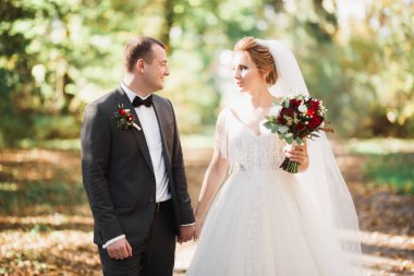 Romantik, peri masalı, mutlu yeni evli çift parkta sarılıp öpüşüyor, arka planda ağaçlar...