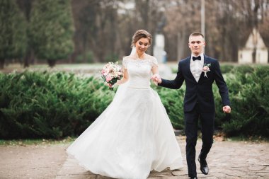 Düğün günü el ele tutuşan çift, damat ve gelin.