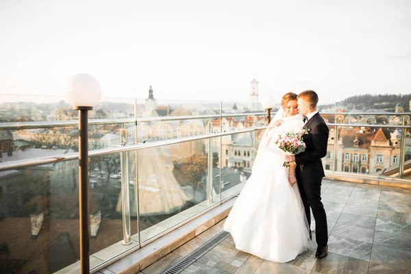 Momento romantico di nozze, coppia di sposi che sorridono ritratto, sposa e sposo che si abbracciano — Foto Stock