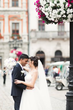 Muhteşem mutlu çift birbirine yakın duruyor ve eski şehir geçmişine, düğün fotoğrafına, Avrupa şehrine, Lviv 'de düğün gününe bakıyor.