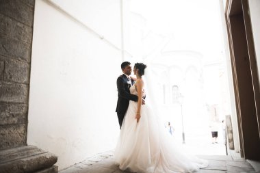 Güzel gelin ve damat evlendikleri gün kucaklaşıp öpüşüyorlar.