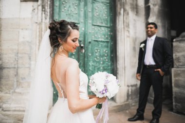 Lüks evli çift, gelin ve damat eski şehirde poz veriyor.