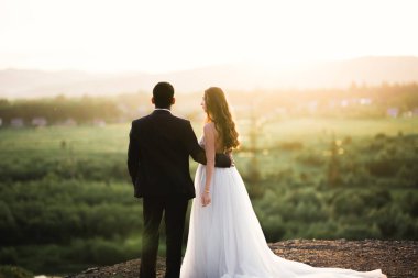 Romantik düğün anı, yeni evli çiftin gülümseyen portresi, gelin ve damadın kucaklaşması
