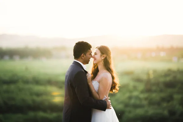 Couple de mariage sur la nature se serre dans ses bras. Belle fille modèle en robe blanche. Homme en costume — Photo