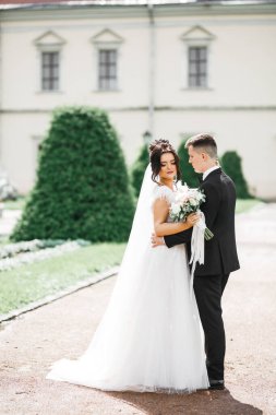 Doğadaki düğün çifti birbirine sarılıyor. Beyaz elbiseli güzel bir kız. Takım elbiseli adam