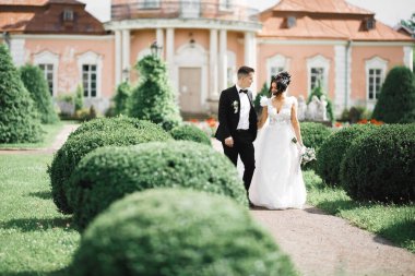 Düğün günü el ele tutuşan çift, damat ve gelin.