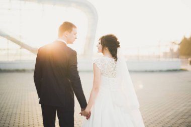 Gelin ve damat el ele tutuşuyor.