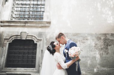 Lüks evli çift, gelin ve damat eski şehirde poz veriyor.