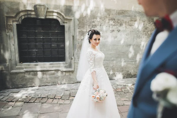 Casamento de luxo casal, noiva e noivo posando na cidade velha — Fotografia de Stock