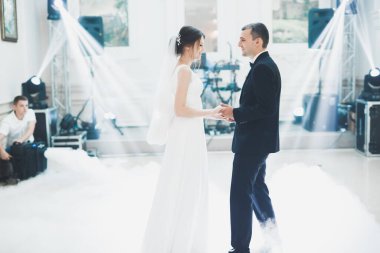 Güzel bir düğün çifti yeni evlendi ve ilk danslarını ediyorlar.