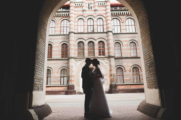 Casamento de luxo casal, noiva e noivo posando na cidade velha — Fotografia de Stock