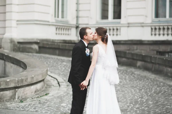 Mooi gelukkig bruidspaar, bruid met lange witte jurk — Stockfoto