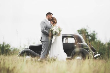 Kafkasyalı mutlu romantik çift evliliklerini kutluyor. Açık hava.