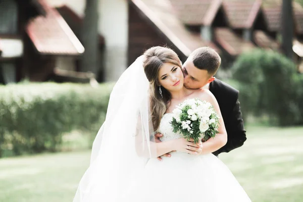 Preciosa pareja feliz boda, novia con vestido blanco largo —  Fotos de Stock