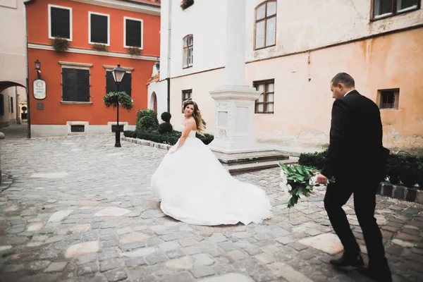 Lyxigt gift par, brud och brudgum poserar i gamla stan — Stockfoto